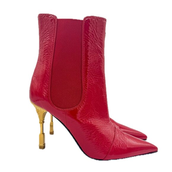 Balmain Moneta Engraved Heeled Red Ankle Boots - Picture 1 of 12